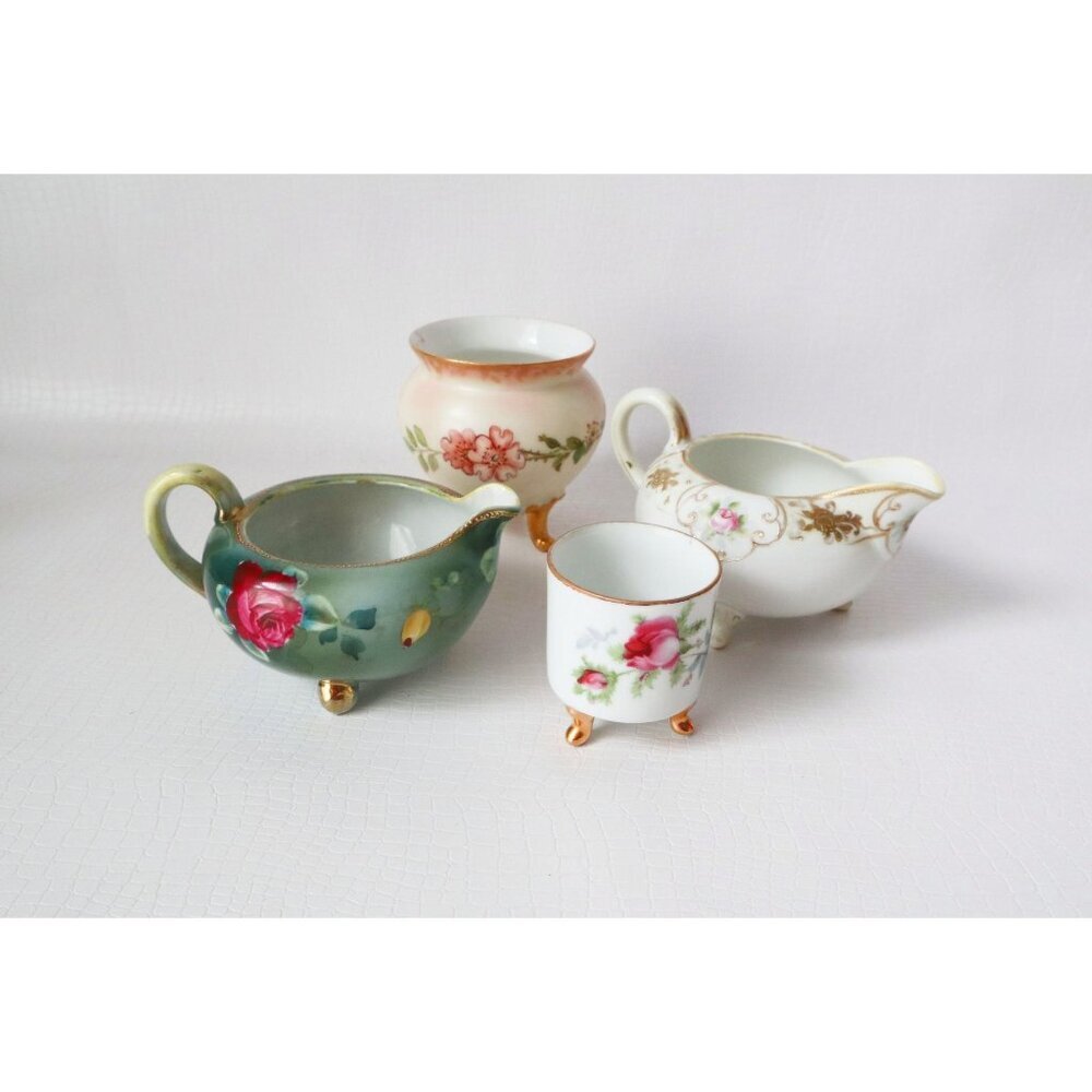 2 Vintage Nippon Creamers & Mini Vase and Egg Cup 3 Leg Footed Japan  Bone China